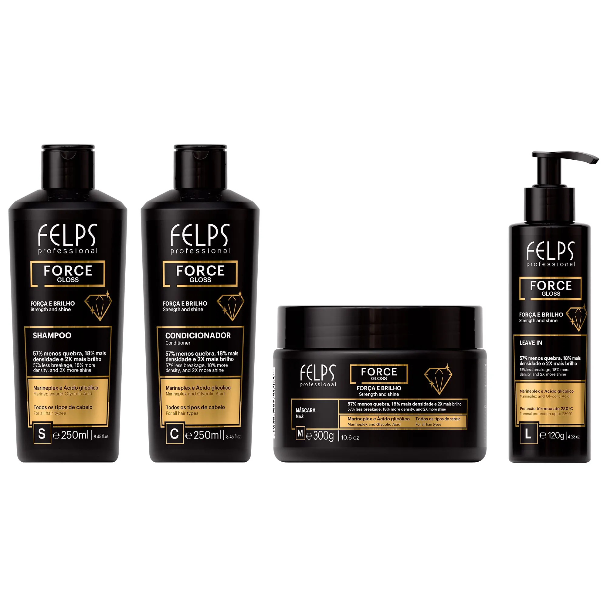 [FP0605] Kit Force Gloss (Shampoo 250mL + Conditioner 250mL + Mask 300g + Leave In 120g) Felps Professional