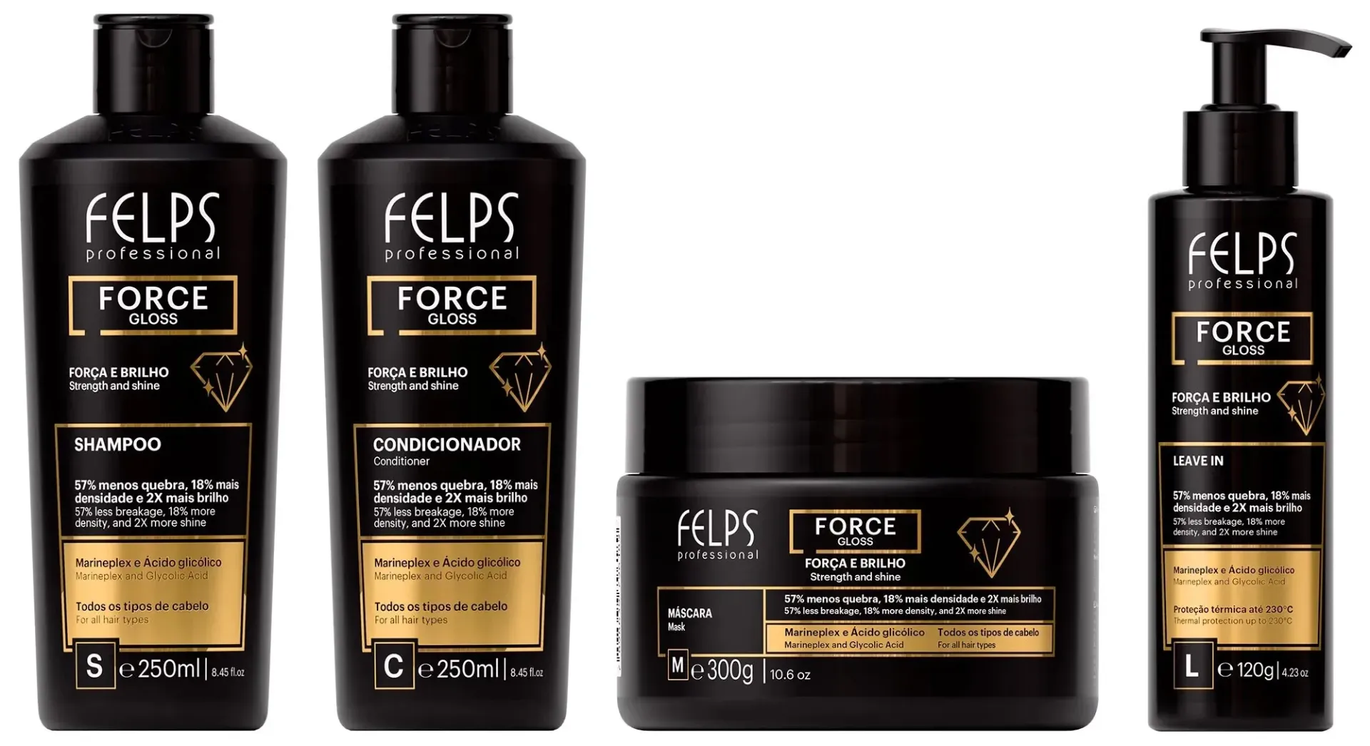 Kit Force Gloss (Shampoo 250mL + Conditioner 250mL + Mask 300g + Leave In 120g) Felps Professional